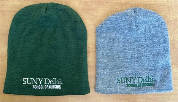 2 beanies - one green - one grey/blue 